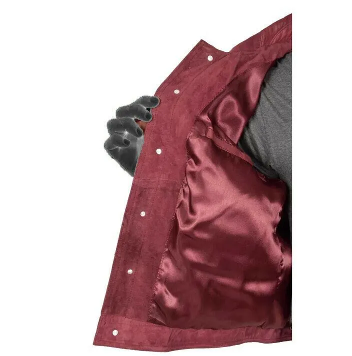 Spine Spark Burgundy Soft Suede Leather Trucker Style Jacket
