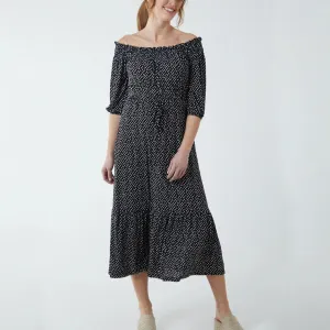 Spot Bardot Shirred Midi Dress