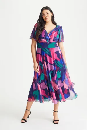 Victoria Navy Magenta Print Angel Sleeve Mesh Long Midi Dress