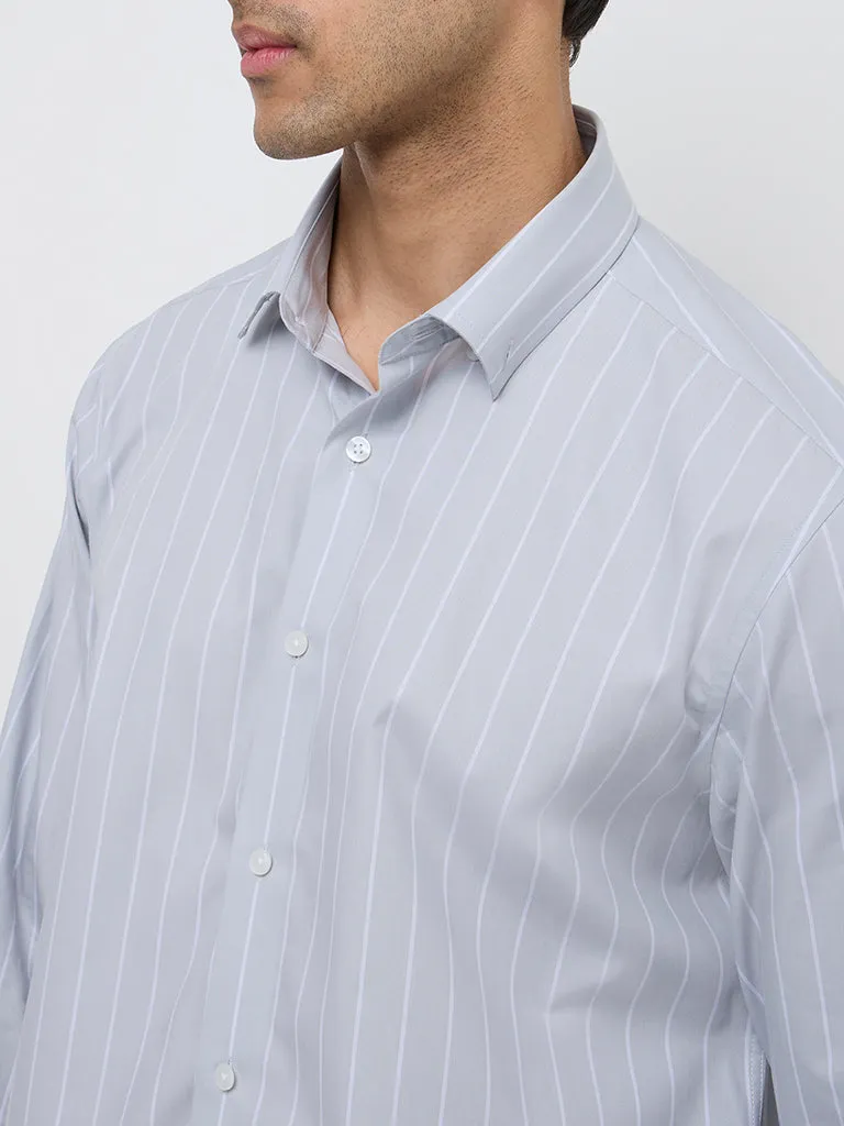 WES Formals Grey Stripe Printed Relaxed-Fit Cotton-Blend Shirt