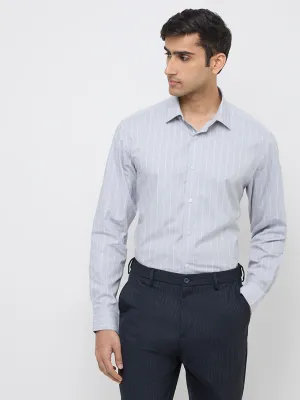 WES Formals Grey Stripe Printed Relaxed-Fit Cotton-Blend Shirt
