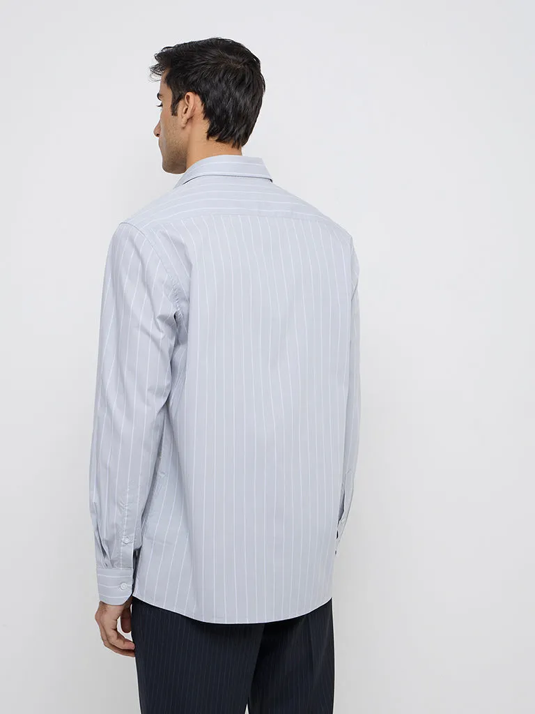 WES Formals Grey Stripe Printed Relaxed-Fit Cotton-Blend Shirt