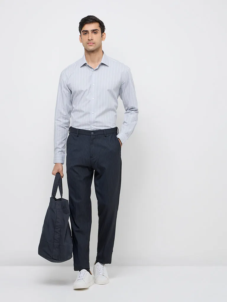 WES Formals Grey Stripe Printed Relaxed-Fit Cotton-Blend Shirt