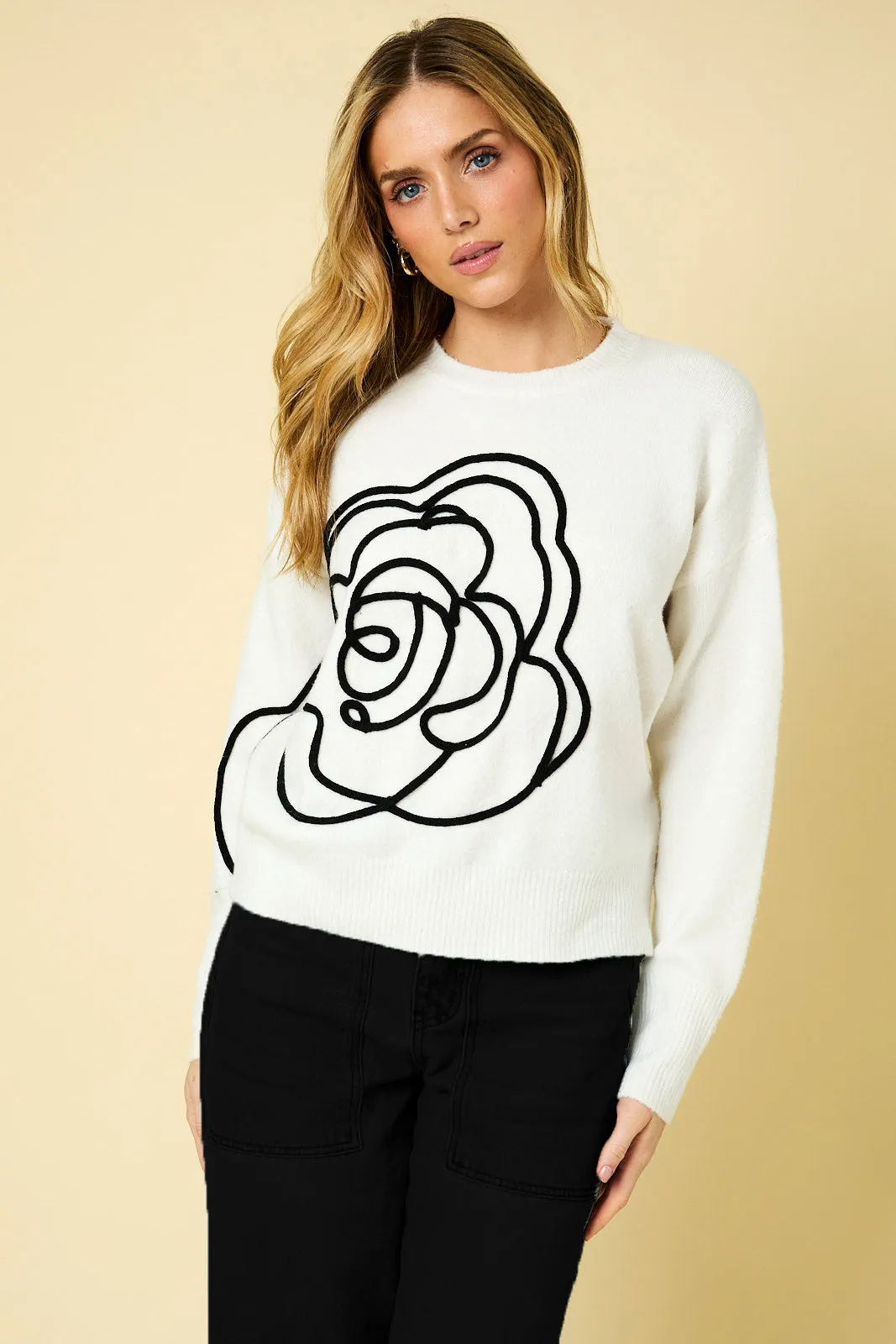 White & Black Embroidered Flower Sweater