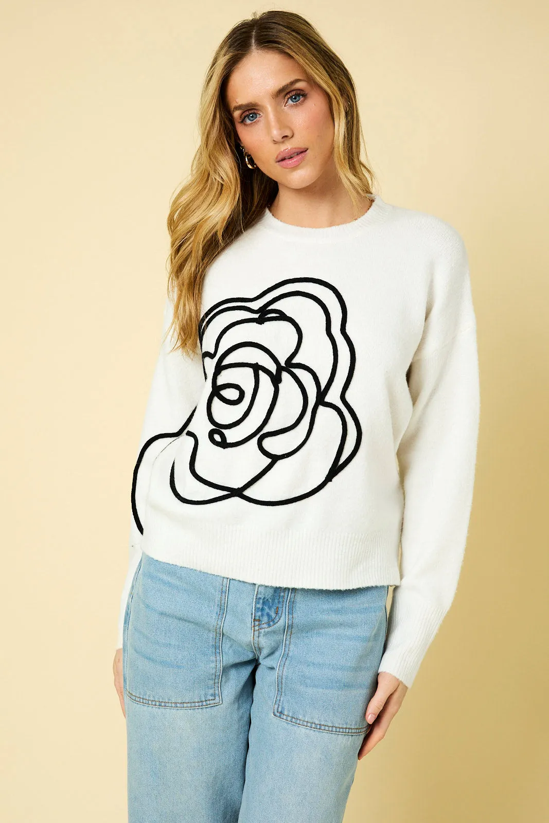 White & Black Embroidered Flower Sweater