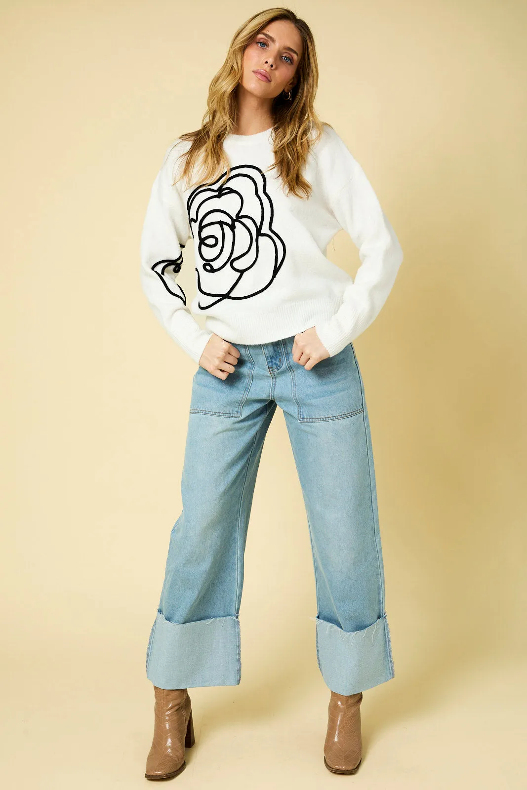 White & Black Embroidered Flower Sweater