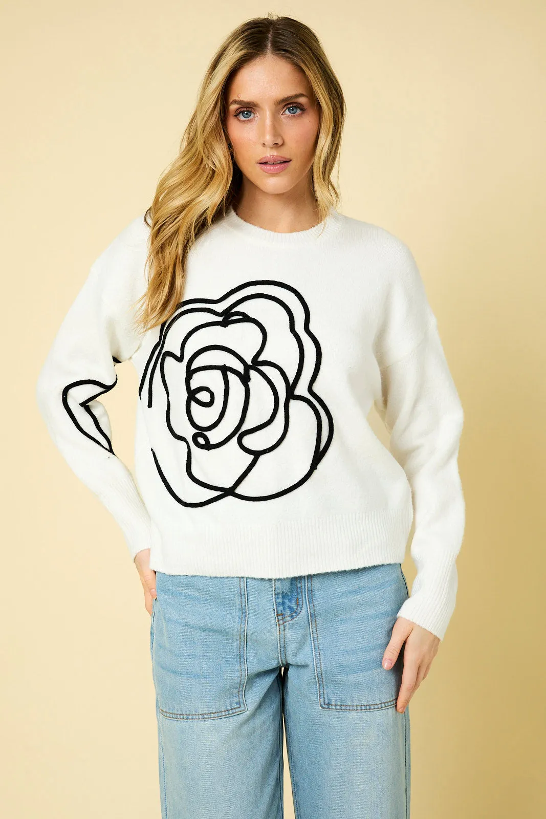 White & Black Embroidered Flower Sweater