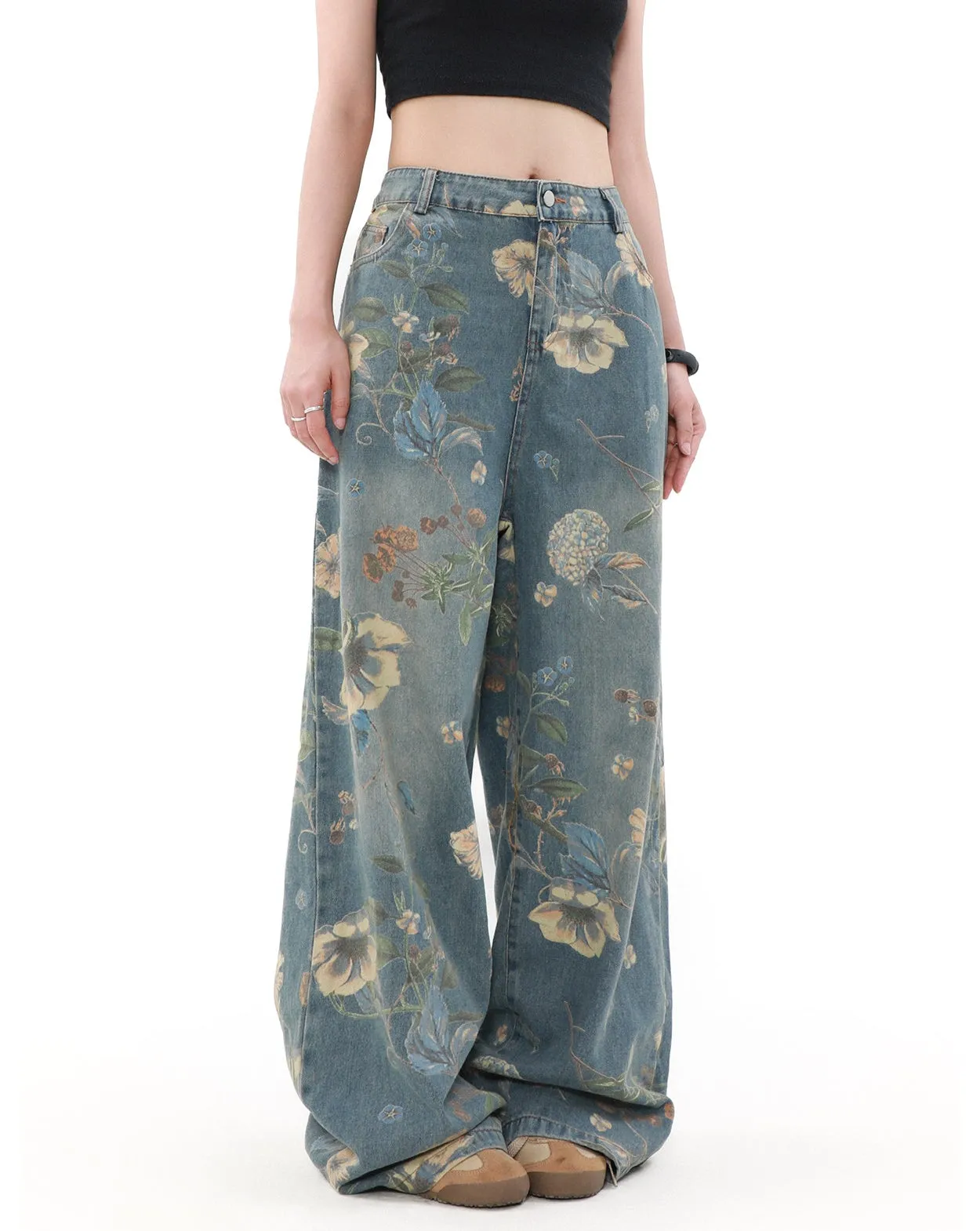 Wide Leg Floral Print Denim Pants