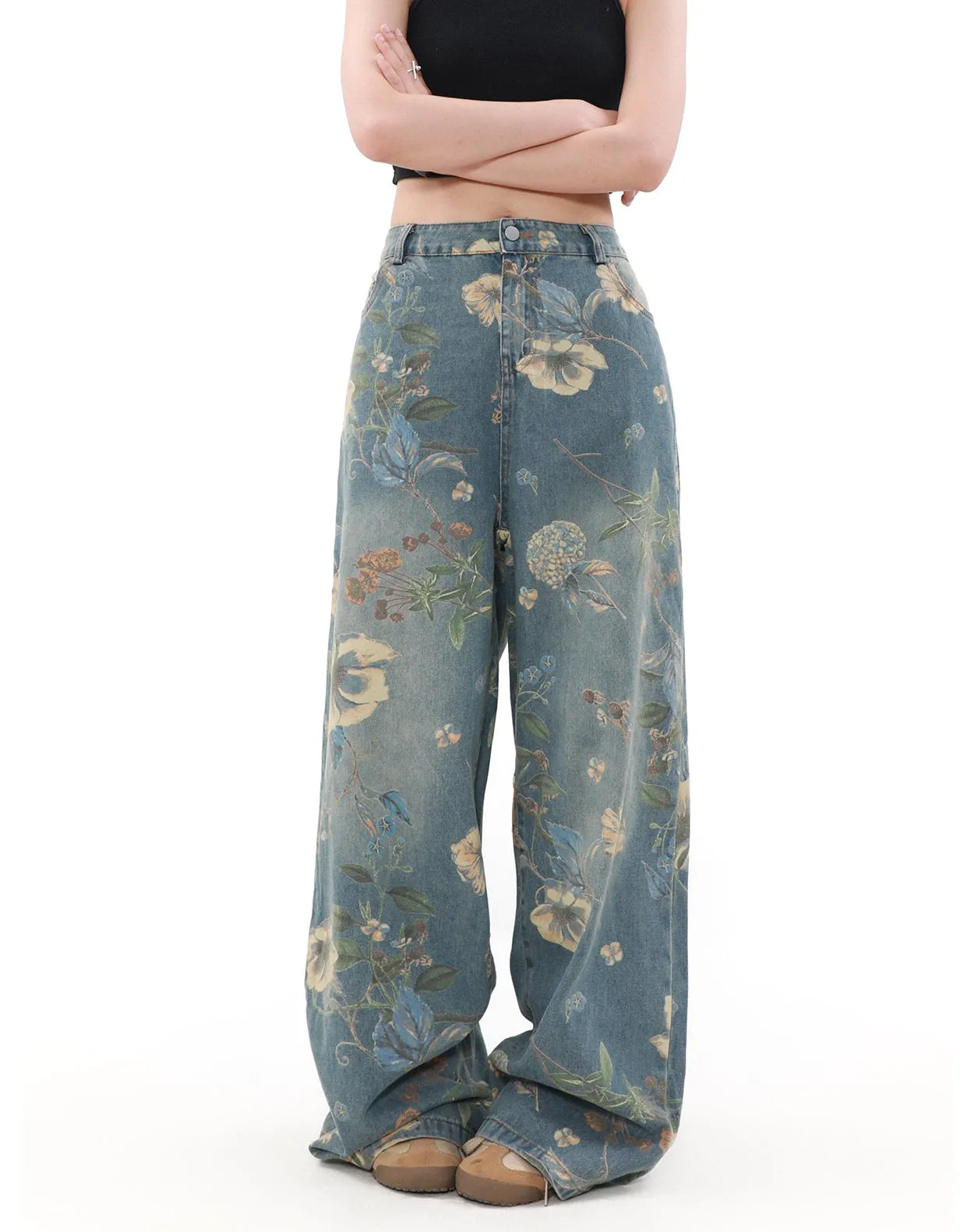 Wide Leg Floral Print Denim Pants