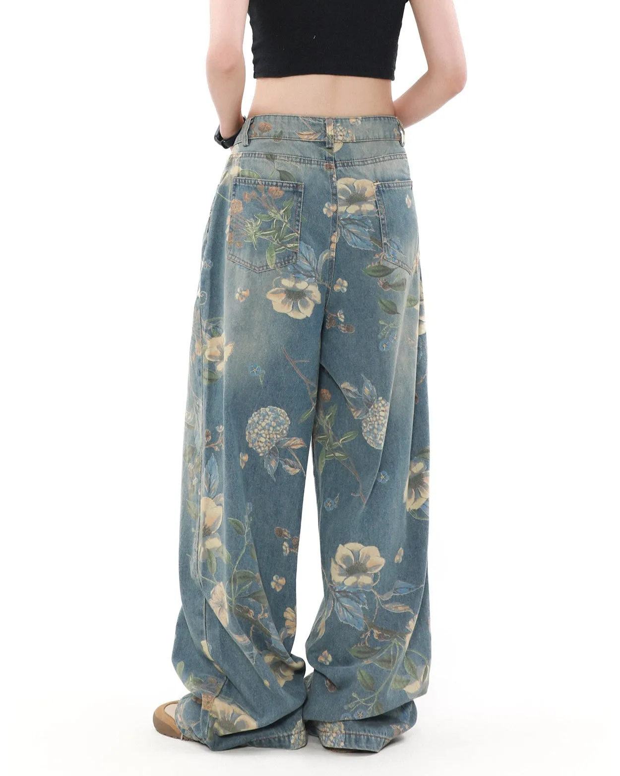 Wide Leg Floral Print Denim Pants