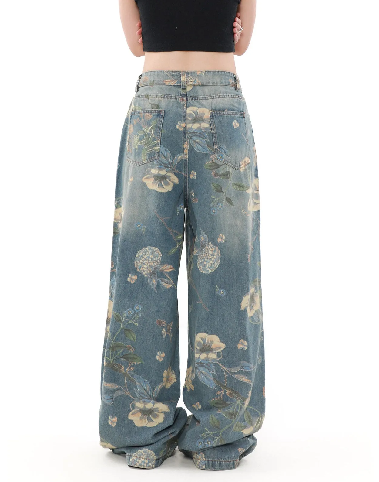 Wide Leg Floral Print Denim Pants