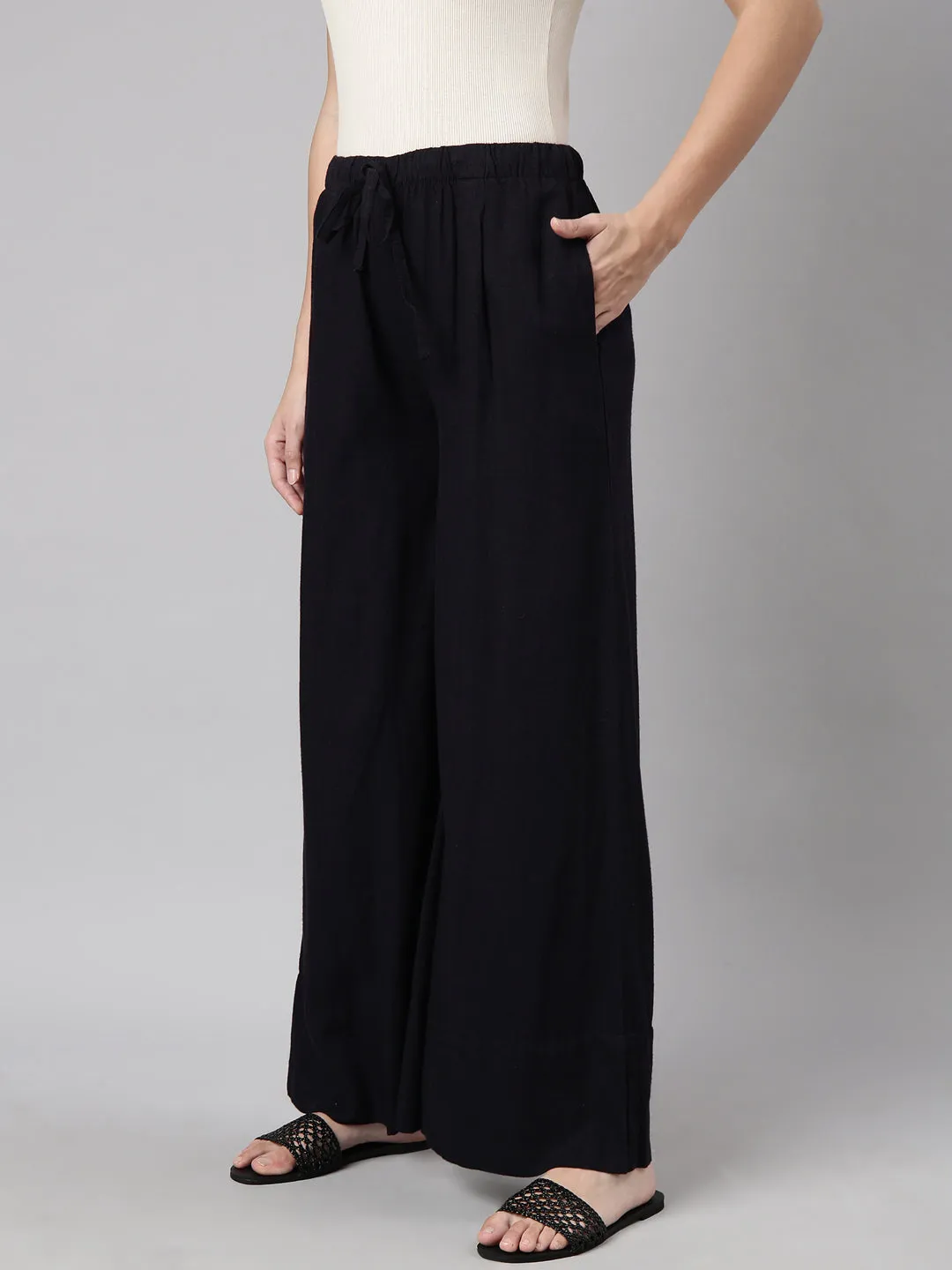 Women Solid Navy Blue Wide Leg Palazzos