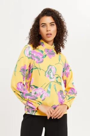 Women Yellow Printed High Neck Satin Blouse