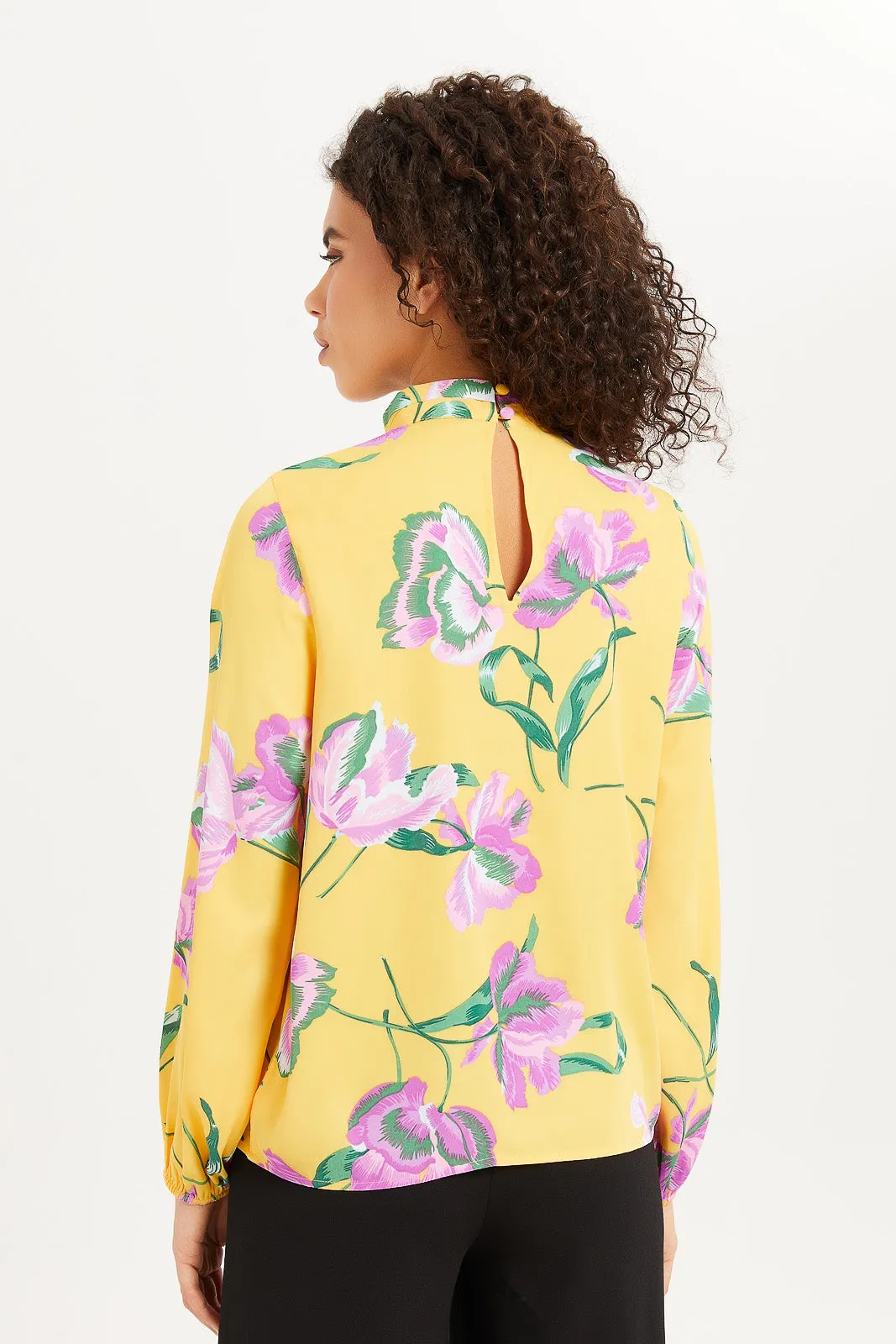 Women Yellow Printed High Neck Satin Blouse