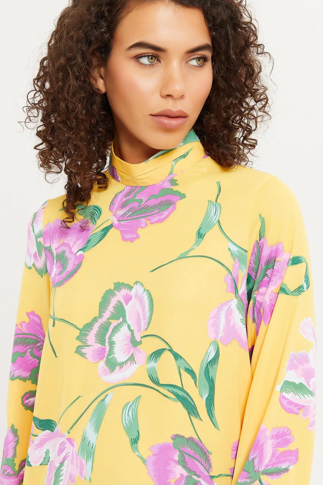Women Yellow Printed High Neck Satin Blouse