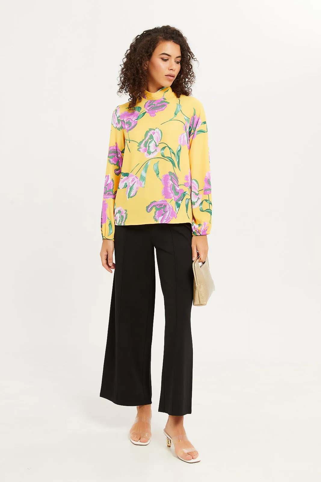 Women Yellow Printed High Neck Satin Blouse