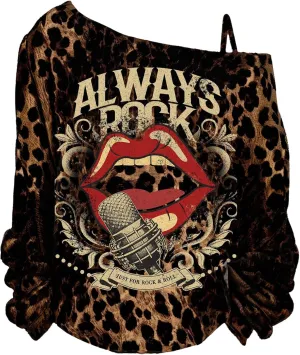 Women's Plus Size Leopard Graphic Tees Cold Shoulder Long Sleeve Vintage Y2K Tops Funny T Shirt