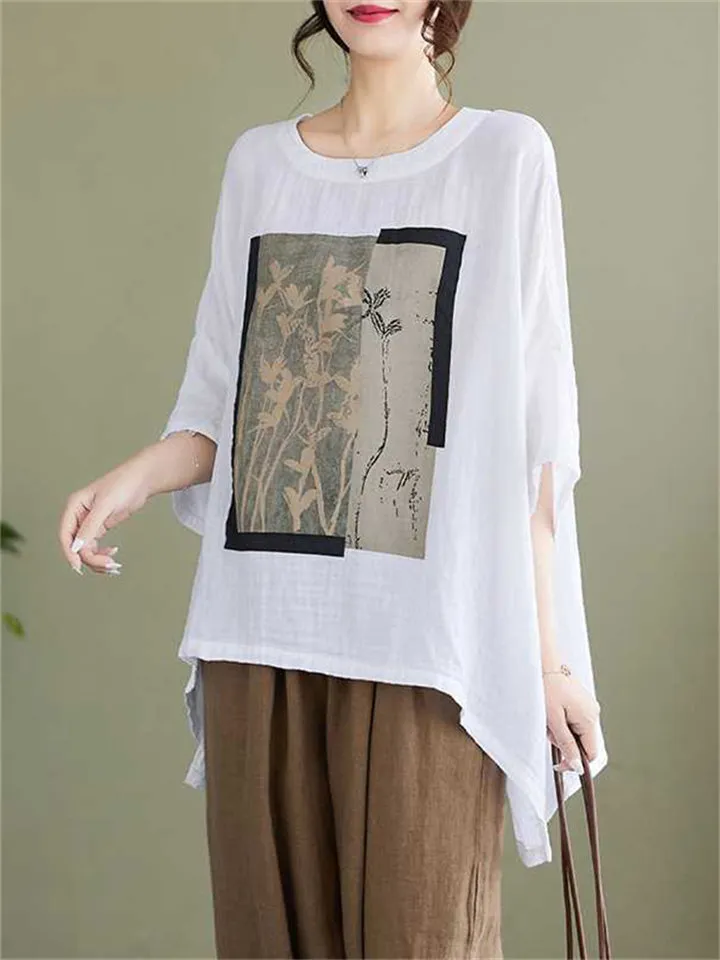 Women's Relaxed Fit Flower Print Round Neck Shirt