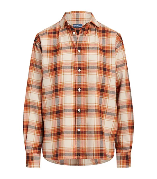 Women's Relaxed Fit Plaid Cotton Shirt Tan Multi