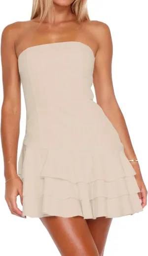 Womens Summer Sexy Strapless Tube Dress Flowy Ruffle Layer Mini Dress Off Shoulder Backless Tiered Short Dresses 2025