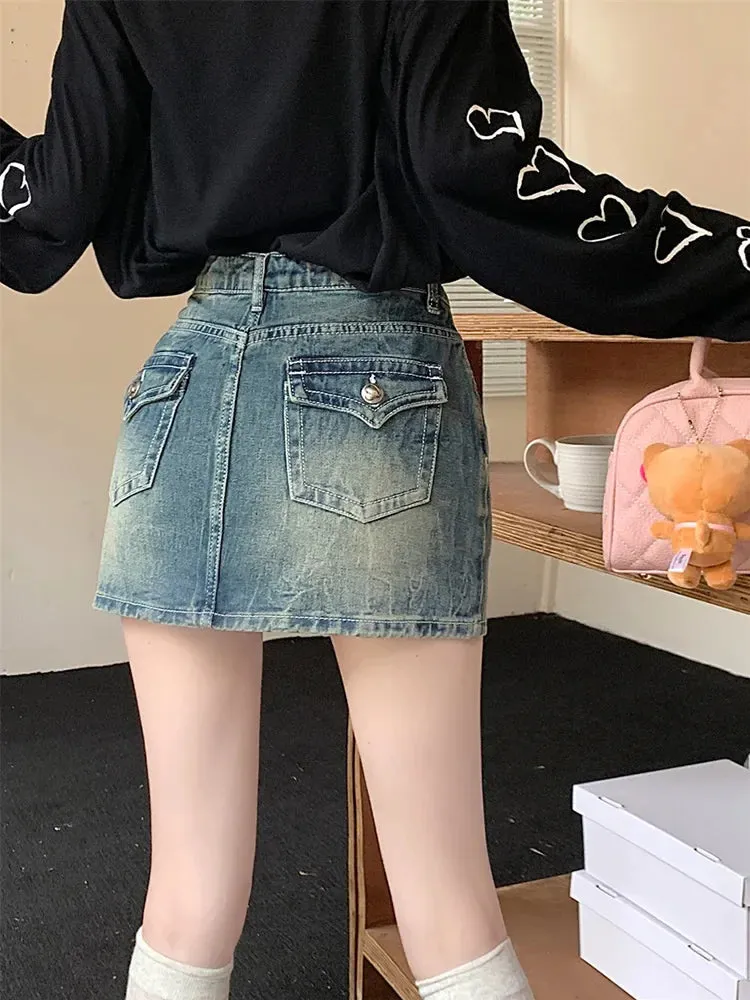 Y2K Streetwear Washed Denim Short Skirt
