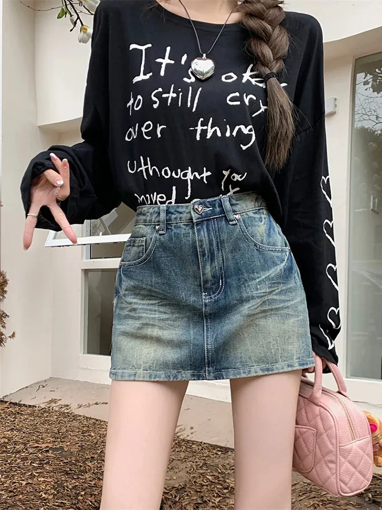 Y2K Streetwear Washed Denim Short Skirt