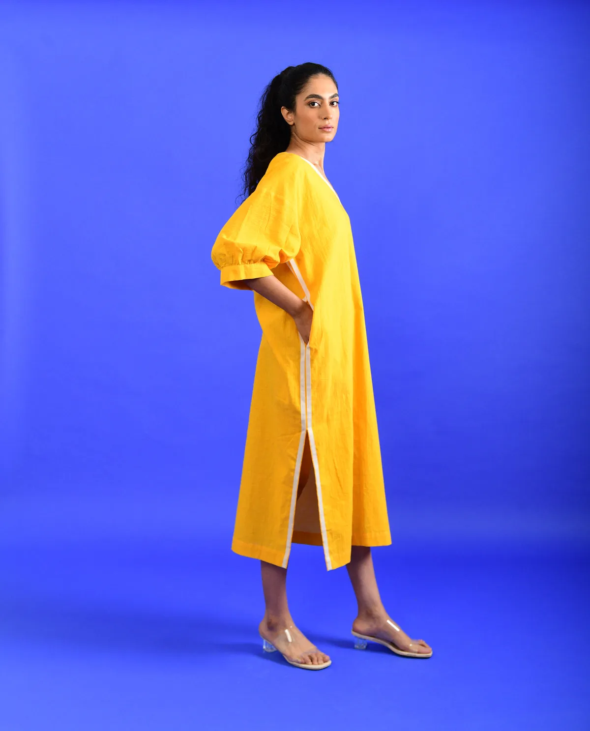 Yellow Solid Midi Dress