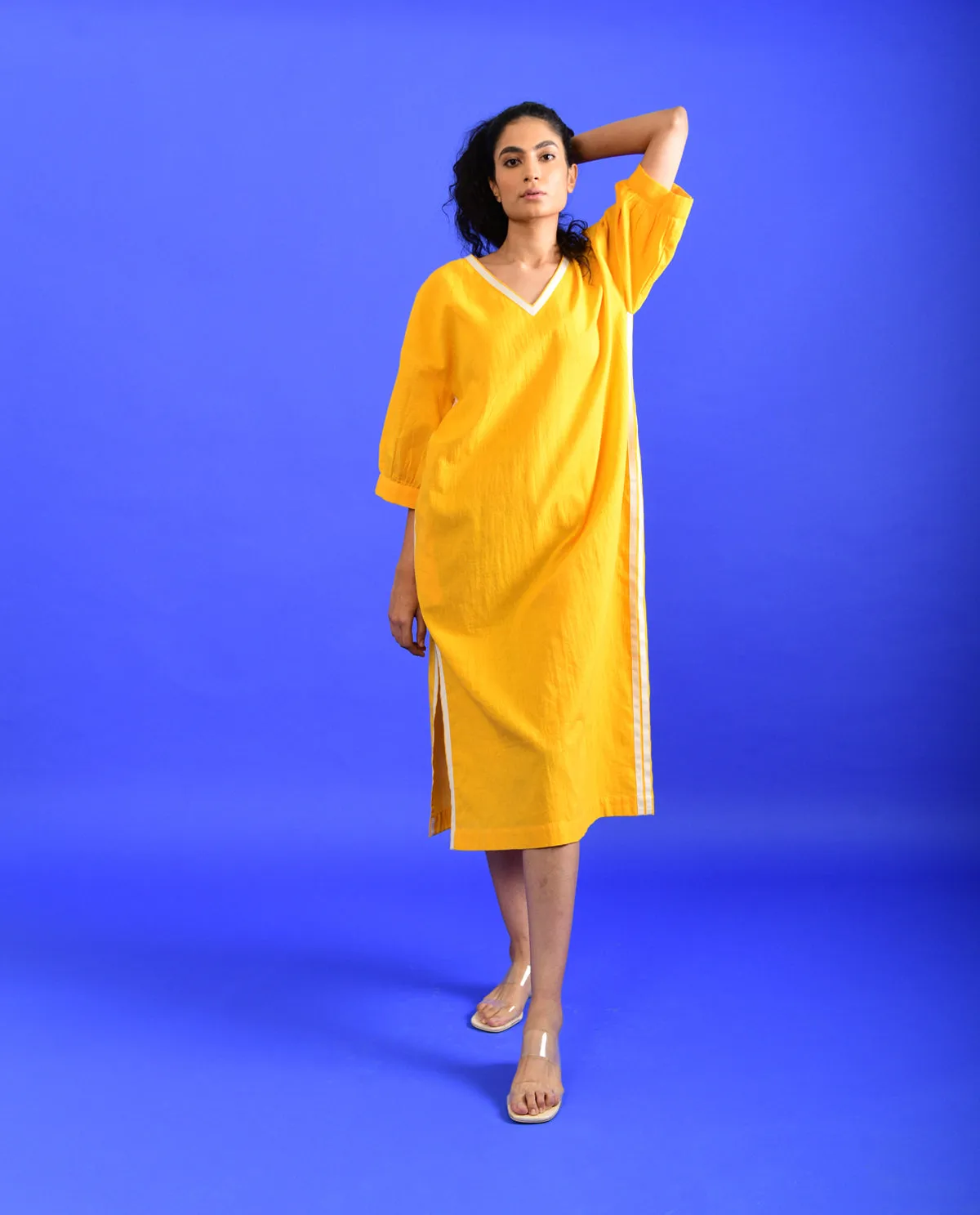 Yellow Solid Midi Dress