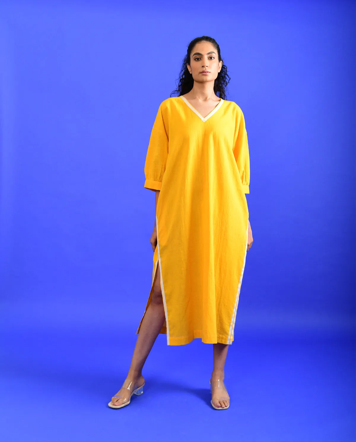 Yellow Solid Midi Dress
