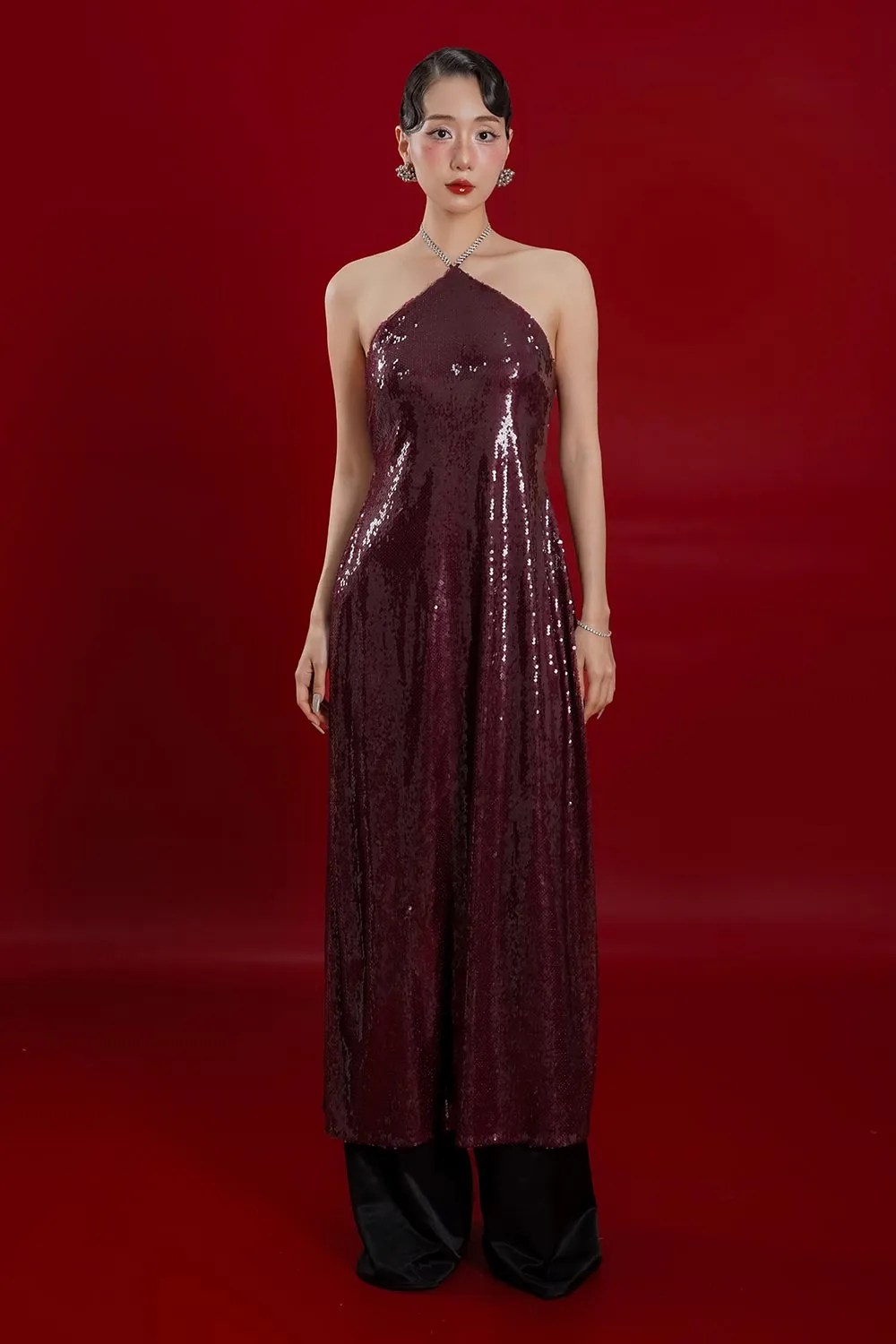 Yen Kim A-line Sleeveless Mesh Sequin Floor Length Ao Dai