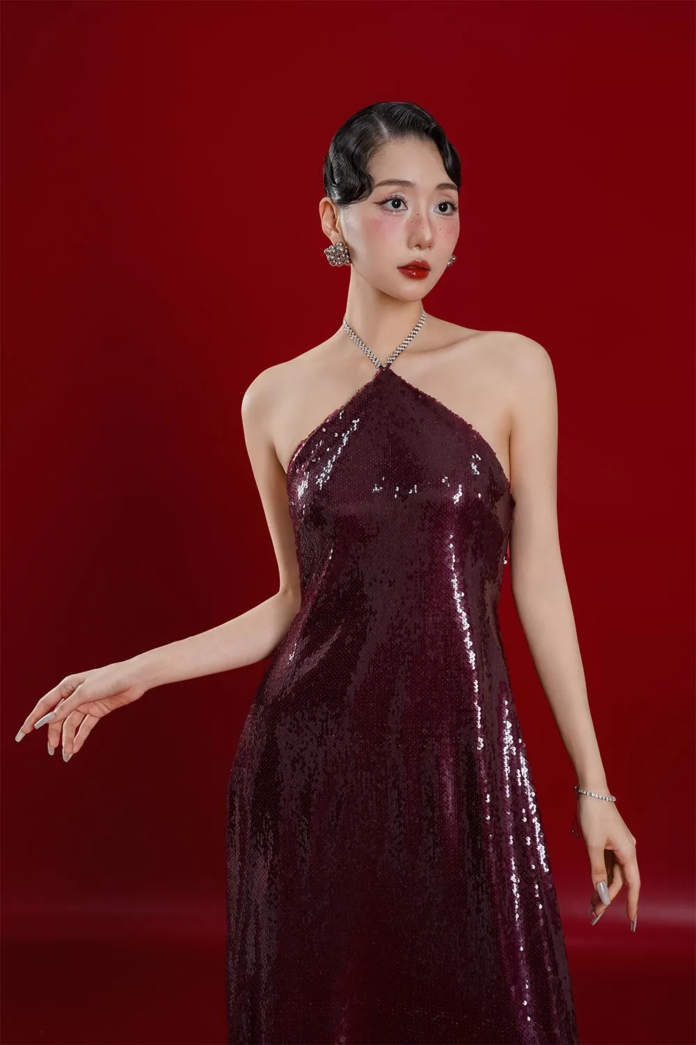 Yen Kim A-line Sleeveless Mesh Sequin Floor Length Ao Dai